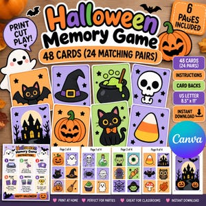 May include: A printable Halloween memory game featuring 48 cards with 24 matching pairs. The set includes illustrations of a bat, witch hat, cauldron, skull, haunted house, pumpkin, cat, and candy corn. Text includes Halloween Memory Game, 48 Cards (24 Matching Pairs), 6 Pages Included, and instructions.