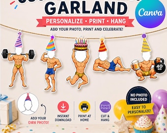 Op de afbeelding: Een gepersonaliseerde verjaardagsslinger met vijf gespierde figuren in feesthoedjes met lege gezichtsuitsparingen voor foto's. De tekst luidt CUSTOM BIRTHDAY GARLAND, PERSONALIZE PRINT HANG, ADD YOUR PHOTO, PRINT AND CELEBRATE, ADD YOUR OWN PHOTO.