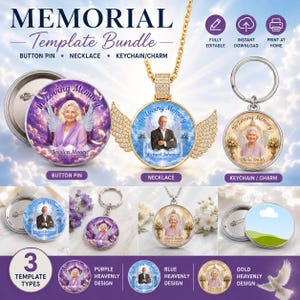 Memorial Button Pin Template Bundle, Memorial Charm Template, Necklace & Keychain Template, Editable Canva Circle Photo Templates