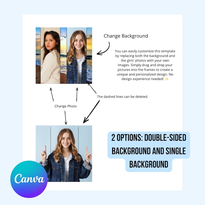 May include: A digital template for photo customization featuring two layout options with dashed lines and instructional text. The design includes placeholders for images, a Canva logo, and text explaining how to replace backgrounds and photos.