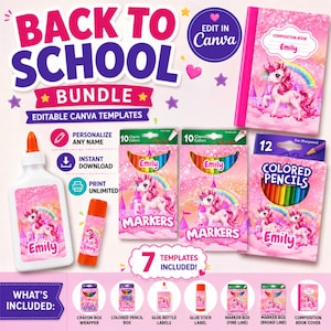 Puede incluir: Un paquete de plantillas editables de Canva para el regreso a clases con temática de unicornio en colores rosa y arcoíris. El conjunto incluye diseños para un cuaderno, pegamento, barra de pegamento, lápices de colores y marcadores.