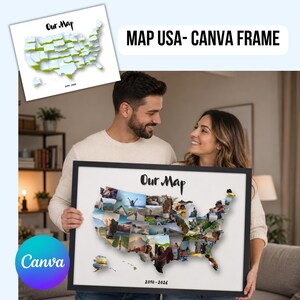 Può includere: Un'opera d'arte da parete rettangolare incorniciata che presenta un collage di fotografie disposte a forma di mappa degli Stati Uniti. Il testo "Our Map" è stampato in corsivo nero in alto, con gli anni "2010-2026" stampati in nero in basso.