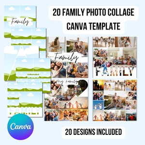 Op de afbeelding: Een digitale Canva-sjabloon voor een 20-familiefotocollage met meerdere lay-outopties met tijdelijke aanduidingen voor afbeeldingen, de tekst "20 FAMILY PHOTO COLLAGE CANVA TEMPLATE", "Family", "My family", "20 DESIGNS INCLUDED" en een Canva-logo.