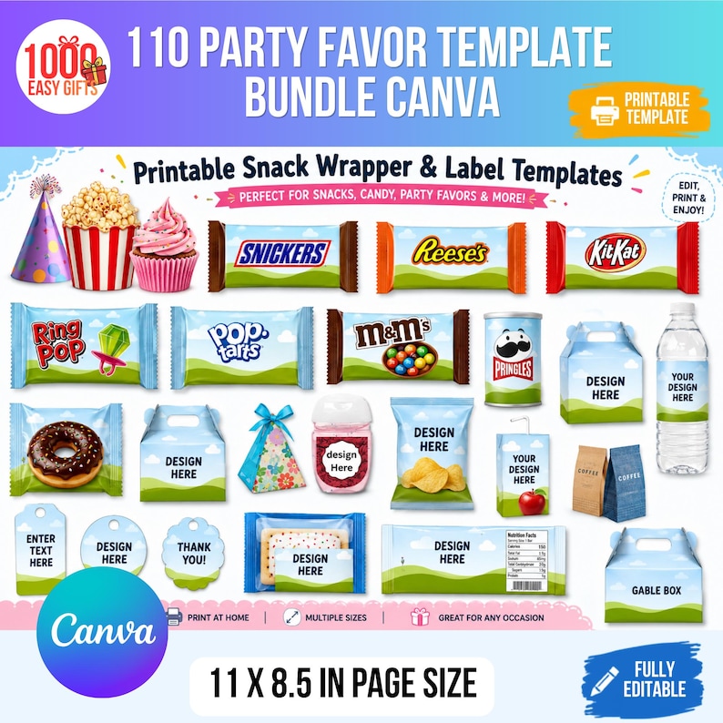 Pu&ograve; includere: Un pacchetto digitale di 110 modelli stampabili per bomboniere per feste su Canva, con design per involucri di snack, etichette e scatole regalo. Il layout mostra vari esempi di confezioni di snack, con una dimensione della pagina di 11 x 8,5 pollici.