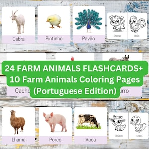 ANIMAUX DE LA FERME PORTUGAIS Version | 24 cartes Montessori en 3 parties + 10 pages à colorier en portugais | Parfait pour l'apprentissage préscolaire et à la maison