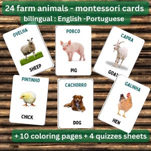 24 cartes bilingues d'animaux de la ferme Montessori PORTUGAIS-ANGLAIS + 12 pages de quiz + 10 pages à colorier pour que les enfants apprennent en s'amusant