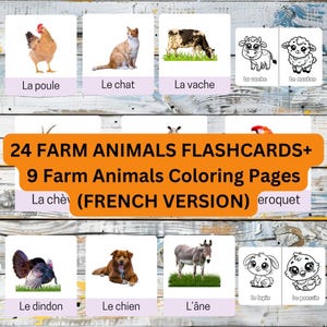 ANIMAIS DE FAZENDA versão FRANCÊS | 24 cartões Montessori de 3 partes + 9 páginas para colorir em francês | Perfeito para pré-escola e ensino em casa.