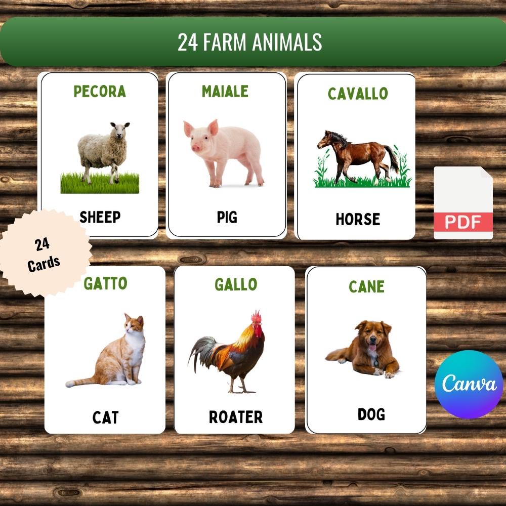 Italian Learning Animals 24 Bilingual Montessori Farm Animal Cards ITALIAN-ENGLISH + 12 Quiz ...