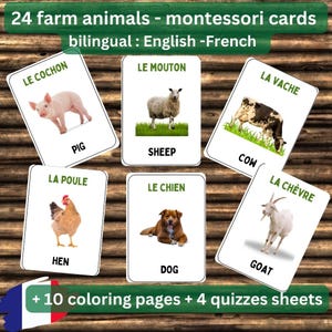 24 Cartões de animais de fazenda Montessori bilíngues francês-inglês + 12 páginas de teste + 10 páginas para colorir para crianças aprendendo diversão