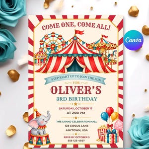 Pode incluir: Um convite de aniversário retangular com uma tenda de circo listrada de vermelho e branco, uma roda-gigante e um carrossel. O texto diz: COME ONE, COME ALL! STEP RIGHT UP TO JOIN THE FUN FOR OLIVER'S 3RD BIRTHDAY, SATURDAY, OCTOBER 17 AT 2:00 PM.