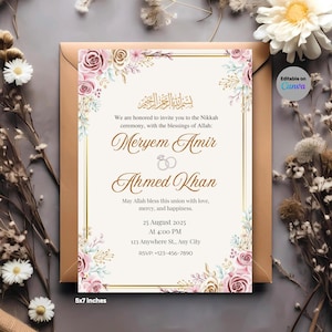 Elegant Floral Nikkah invitations, editable Islamic wedding, instant Download