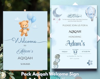 Pack Aqiqah welcome Sign & invitation | editable on Canva | Instant Download