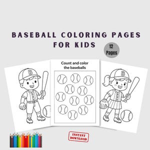 Könnte beinhalten: Baseball-Malvorlagen für Kinder. Das Bild zeigt eine Reihe von Malvorlagen mit Baseball-Illustrationen. Die Seiten zeigen Strichzeichnungen von Baseballspielern, Basebällen und dem Text "Count and color the baseballs". Am unteren Rand befinden sich Buntstifte.