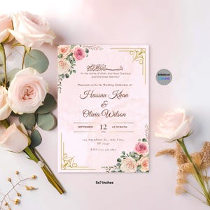 Convite de casamento muçulmano, design floral dourado elegante, papelaria para casamento islâmico, convite de casamento muçulmano tradicional