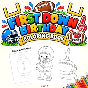 First Down Birthday Activity Pages, 10 Football coloring for Kids, Printable Sports Sheets Gift, Instant Download PDF