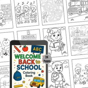 以下が含まれることがあります： 黒いタブレットには、スクールバス、バックパック、リンゴが描かれた「学校へようこそ」の塗り絵の表紙が表示されています。タブレットの周りには、スクールバスや子供たちなど、学校をテーマにしたさまざまな白黒の塗り絵があります。