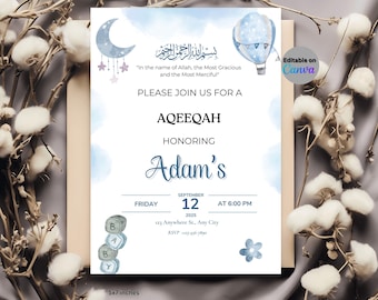 Einladung zur Aqiqah für Jungen, islamische Geburtskarte, Canva-Vorlage, Sofort-Download