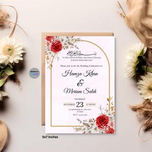 Cartão de casamento islâmico | Convites elegantes e florais para casamento muçulmano, convites personalizáveis para RSVP