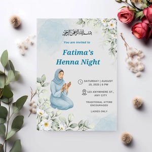 Noche de Henna, Personalización de Invitaciones, Diseño Floral de Tarjetas, Plantilla Imprimible, Descarga Digital
