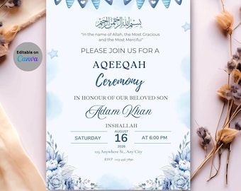 Invitación de Aqiqah para bebé niño / Editable en Canva / Fiesta de Aqiqah / Recién nacido musulmán / Descarga instantánea