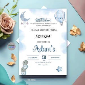 May include: A blue and white Aqeeqah invitation card with a watercolor design. The card includes the text "In the name of Allah, the Most Gracious and the Most Merciful", and "Adam's". The card measures 12.7 x 17.8 cm.
