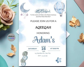 Invitation Aqiqah garçon | Invitation islamique de fête d'Aqeeqah | Faire-part de naissance de bébé musulman | Modèle de téléchargement numérique