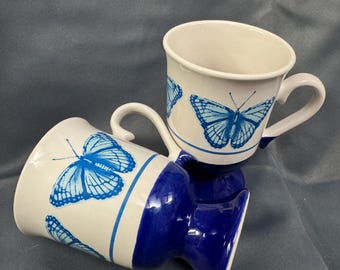 Vintage 70s Cobalt Blue Butterfly Pedestal Mugs - Set of 2 | Retro Footed Ceramic Coffee Cups | Boho Kitchen Decor | Mid-Century Modern Gift