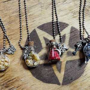 Witchcraft vial necklaces with dragons blood, frankincense or sea salt lavender