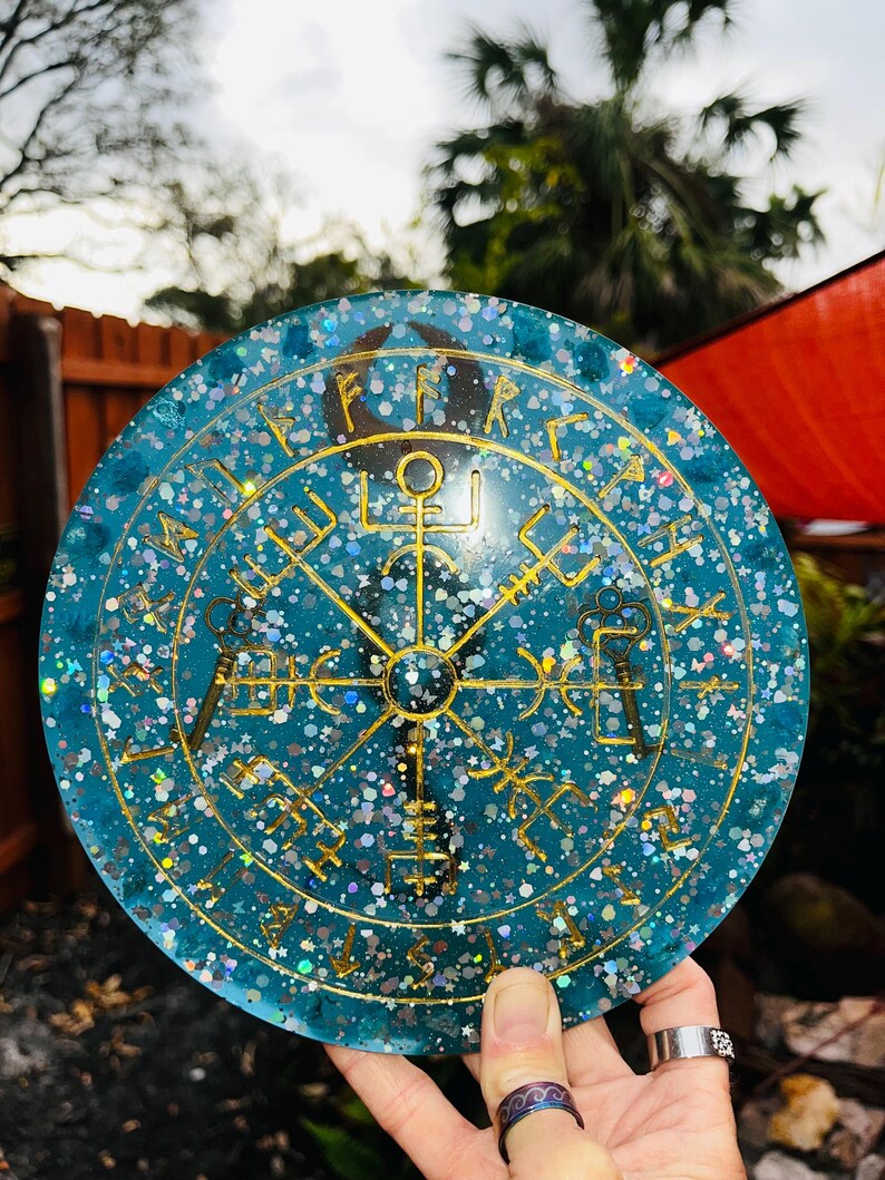 Viking Rune Compass Resin Altar Plate Large With Snake and Blue Apatite ...