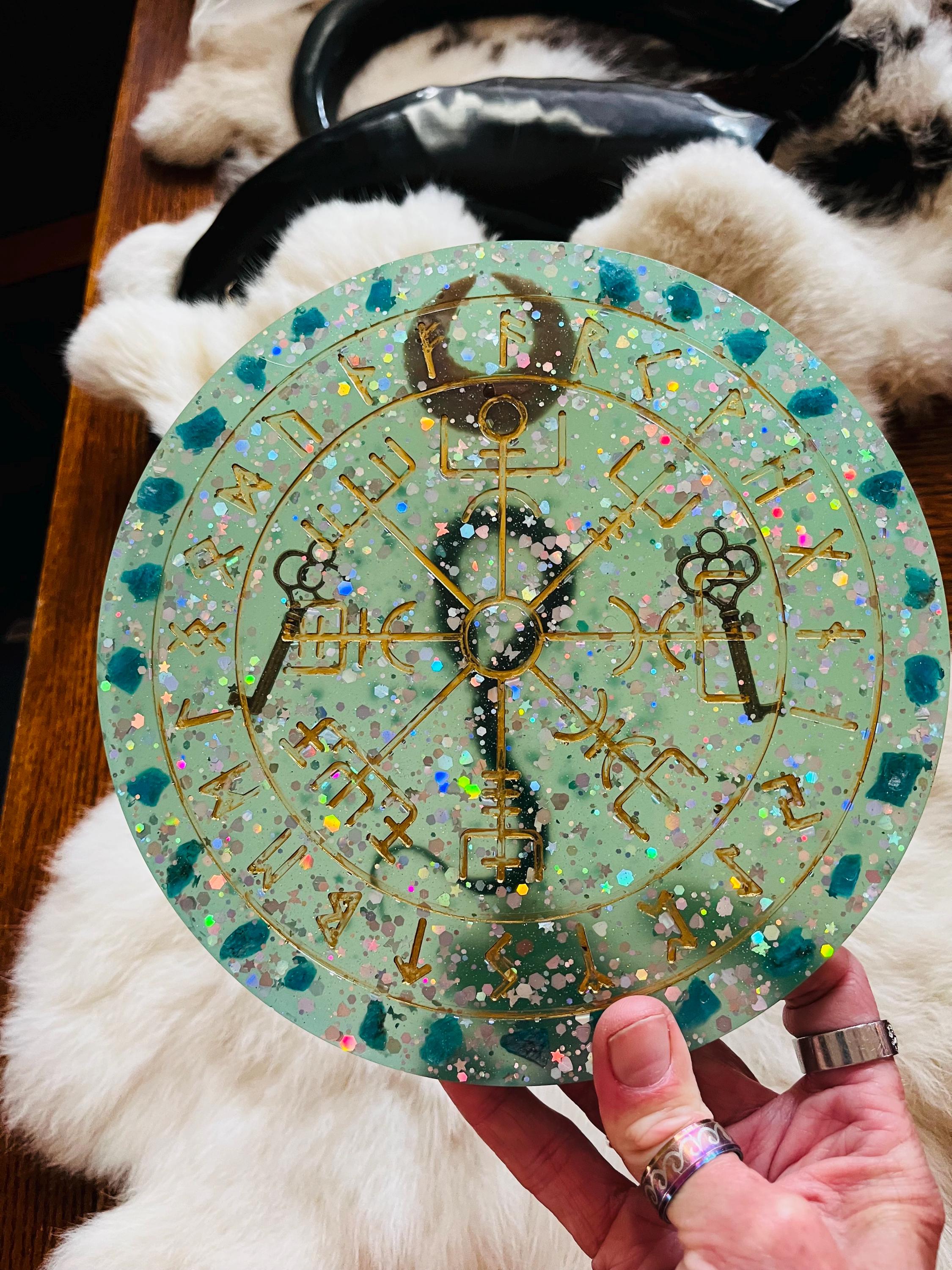 Viking Rune Compass Resin Altar Plate Large With Snake and Blue Apatite ...