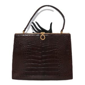 Bolso de mano vintage años 50 y 60 - LUCILLE de PARIS - ALLIGATOR - Estructurado marrón grande