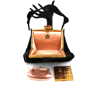 Vintage anos 40 - EVANS ELEGANCE - Bolsa de mão preta Silky Faille com acessórios