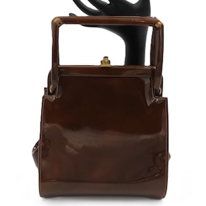 Vintage - CROWN LEWIS - Petite Brown Patent Leather Structured Handbag
