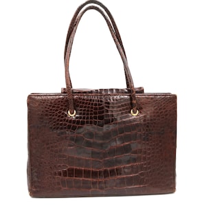 Vintage - JUDITH LIEBER - Bolso de mano tipo sobre de piel de cocodrilo marrón grande - Raro -