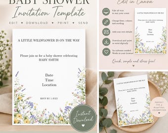 Editable Wildflower Baby Shower Invitation Template | Floral Canva Design (Digital Download)