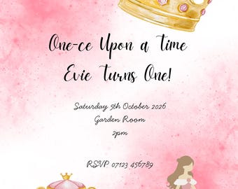 Pink Princess First Birthday Invitation – Editable Canva Template