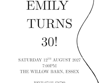 Simple Black and White 30th Birthday Invitations (Digital download)