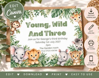 Watercolor Safari Animals Birthday Invitation Editable Jungle Party Invite for Boys or Girls Celebration
