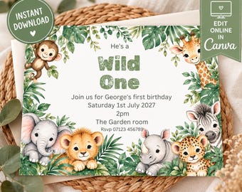 Editable Watercolor Safari Birthday Invitation with Jungle Animals and Tropical Greenery for Celebration