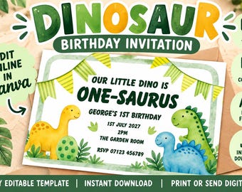 Dinosaur One-a-saurus Birthday Invitation (digital download)
