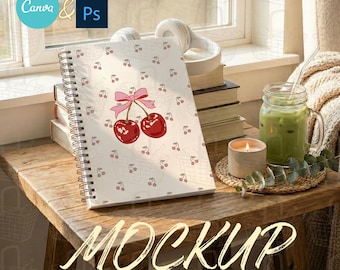 May include: A spiral-bound notebook with a cherry design, featuring two red cherries and a pink bow. The notebook is on a wooden table with a candle, a glass of green drink, and a stack of books. The word "MOCKUP" is at the bottom.