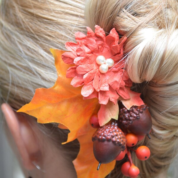 Fall leaves, acorns & Chrysanthemum hair comb -  Fascinator/headpiece in fall colors - pearls and berries