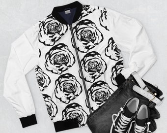 Unisex Black Rose on White Bomber Jacket with Black Cuffs