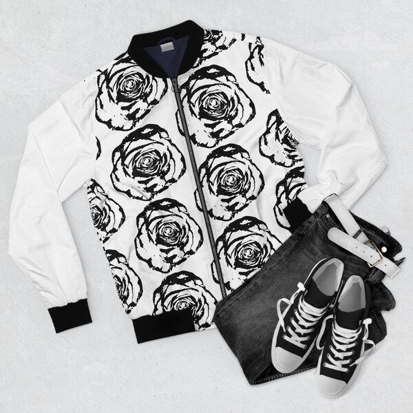 Unisex Black Rose on White Bomber Jacket with Black Cuffs