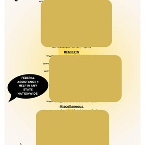 May include: A yellow and white graphic with the text "USEFUL WEBSITES" at the top. The graphic lists websites for housing, benefits, and miscellaneous topics. The graphic also includes a speech bubble with the text "FEDERAL ASSISTANCE = HELP IN ANY STATE NATIONWIDE!"