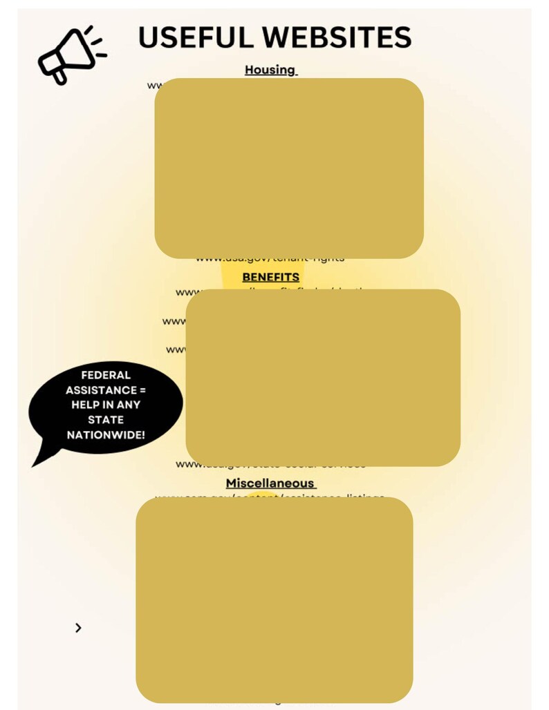 May include: A yellow and white graphic with the text "USEFUL WEBSITES" at the top. The graphic lists websites for housing, benefits, and miscellaneous topics. The graphic also includes a speech bubble with the text "FEDERAL ASSISTANCE = HELP IN ANY STATE NATIONWIDE!"