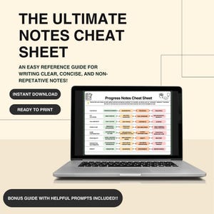 May include: A laptop displaying a "Progress Notes Cheat Sheet" with a list of medical terms. The screen is open on a silver laptop. The image includes the text "THE ULTIMATE NOTES CHEAT SHEET" and "INSTANT DOWNLOAD".