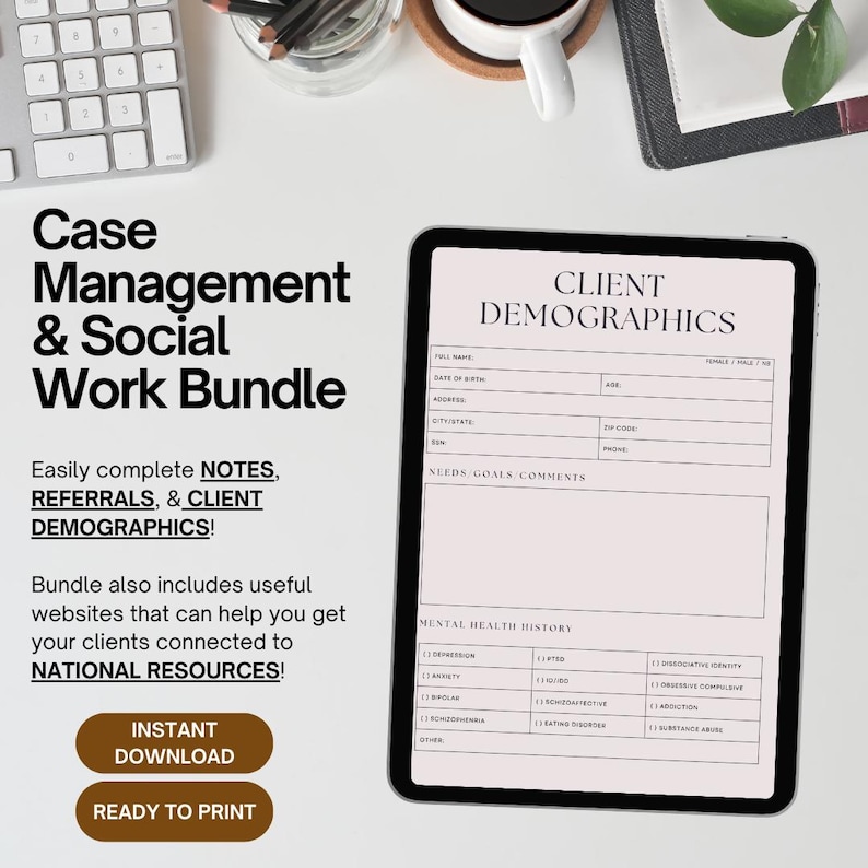 May include: A digital tablet displaying a printable client demographics form with sections for personal information, needs, goals, comments, and mental health history. The form has a pink background and black text. The tablet is on a white surface.