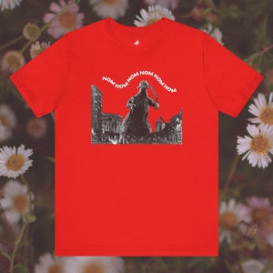Godzilla Nom Nom Nom Tee, Funny Monster Eating Trains Shirt, Unisex Tee, Classic Kaiju Gift, Monster Movie Fan Shirt, Silly Godzilla Tee