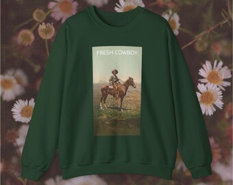 Vintage Cowboy Crewneck Sweatshirt | Retro Western Apparel | "FRESH COWBOY" Graphic | Unisex Sweatshirt
